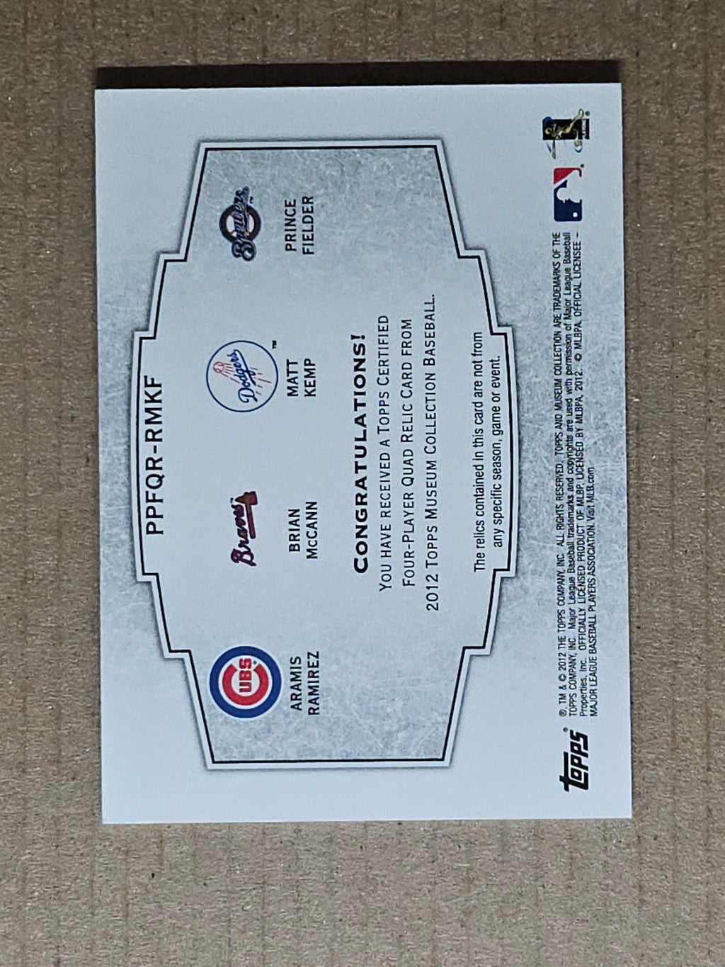2012 Topps Museum #PPFQR-RMKF Ramirez McCann Kemp Fielder Quad Relics #/99