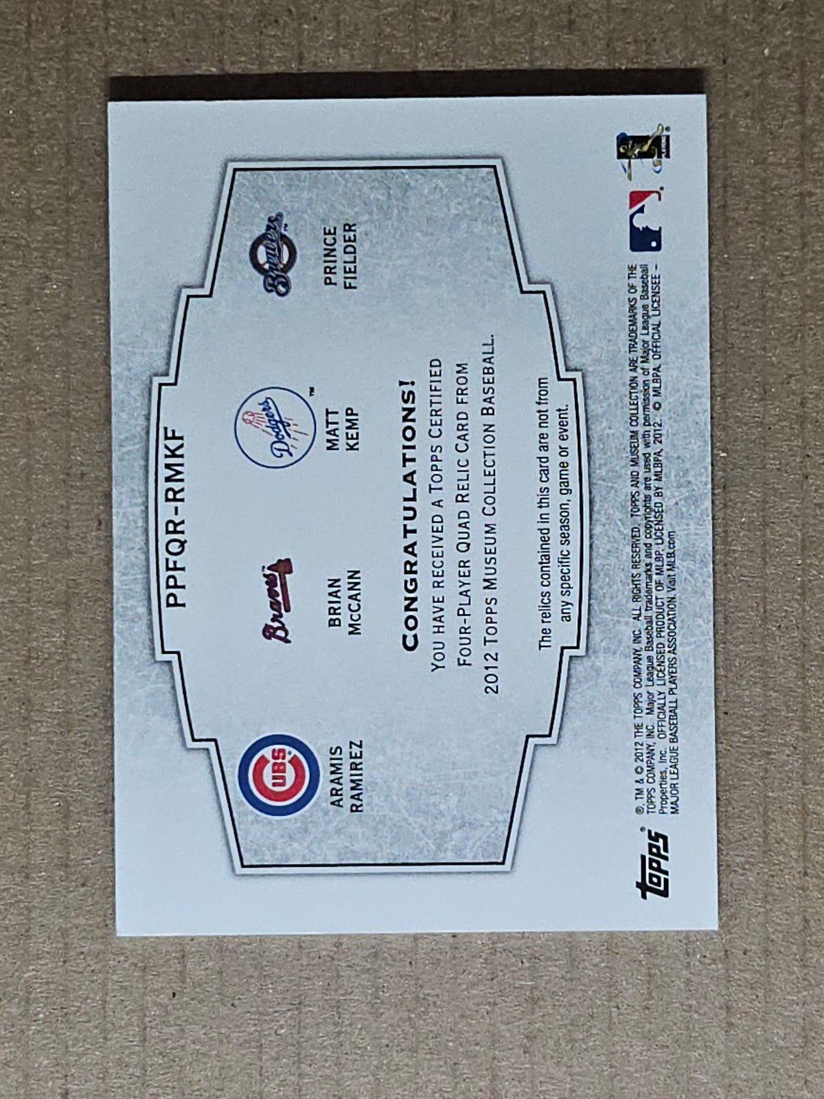 2012 Topps Museum #PPFQR-RMKF Ramirez McCann Kemp Fielder Quad Relics #/99