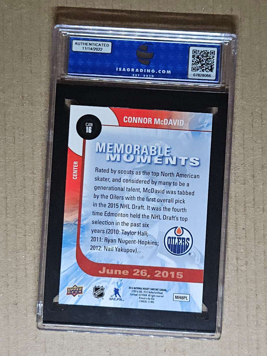 2016 Upper Deck National Hockey Card Day Canada #CAN16 Connor McDavid ISA 10